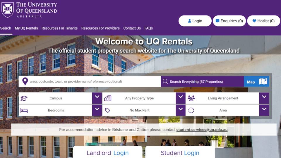 Giao diện nền tảng UQ Rentals Database dành cho sinh viên Queensland Global Pathways tìm nhà ở